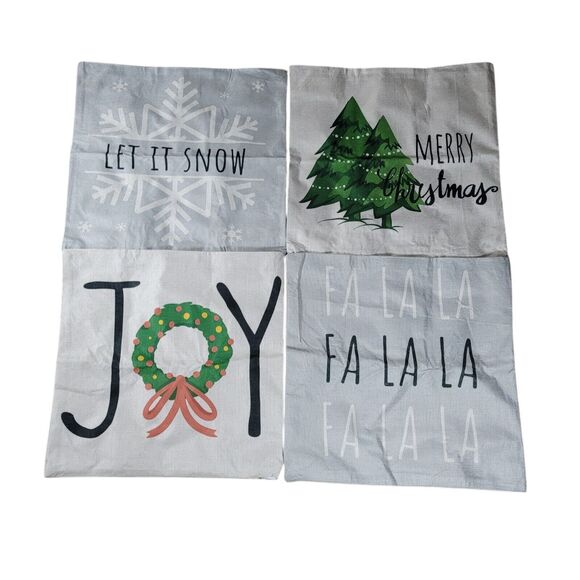 Christmas Pillow Covers Set of 4 17x17" Christmas Tree, Joy, Fa La La, Let it sn - Picture 2 of 4